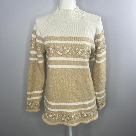 Vintage 90s Lizsport Tan Floral Embroidered Sweater Size Medium - Picture 1 of 4